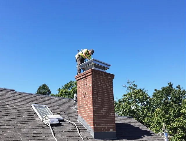 Swansea Chimney Sweep technician measuring a chimney cap in Swansea, MA